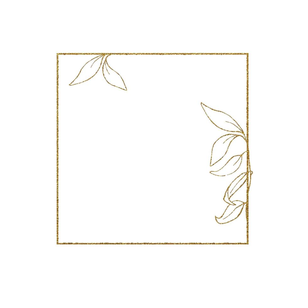 cuadrado dorado, marco rectangular, con hojas de eucalipto doradas. diseño vintage minimalista. marco brillante y brillante para boda, invitación. logotipo de cosmética y perfumería. aislado sobre fondo blanco vector