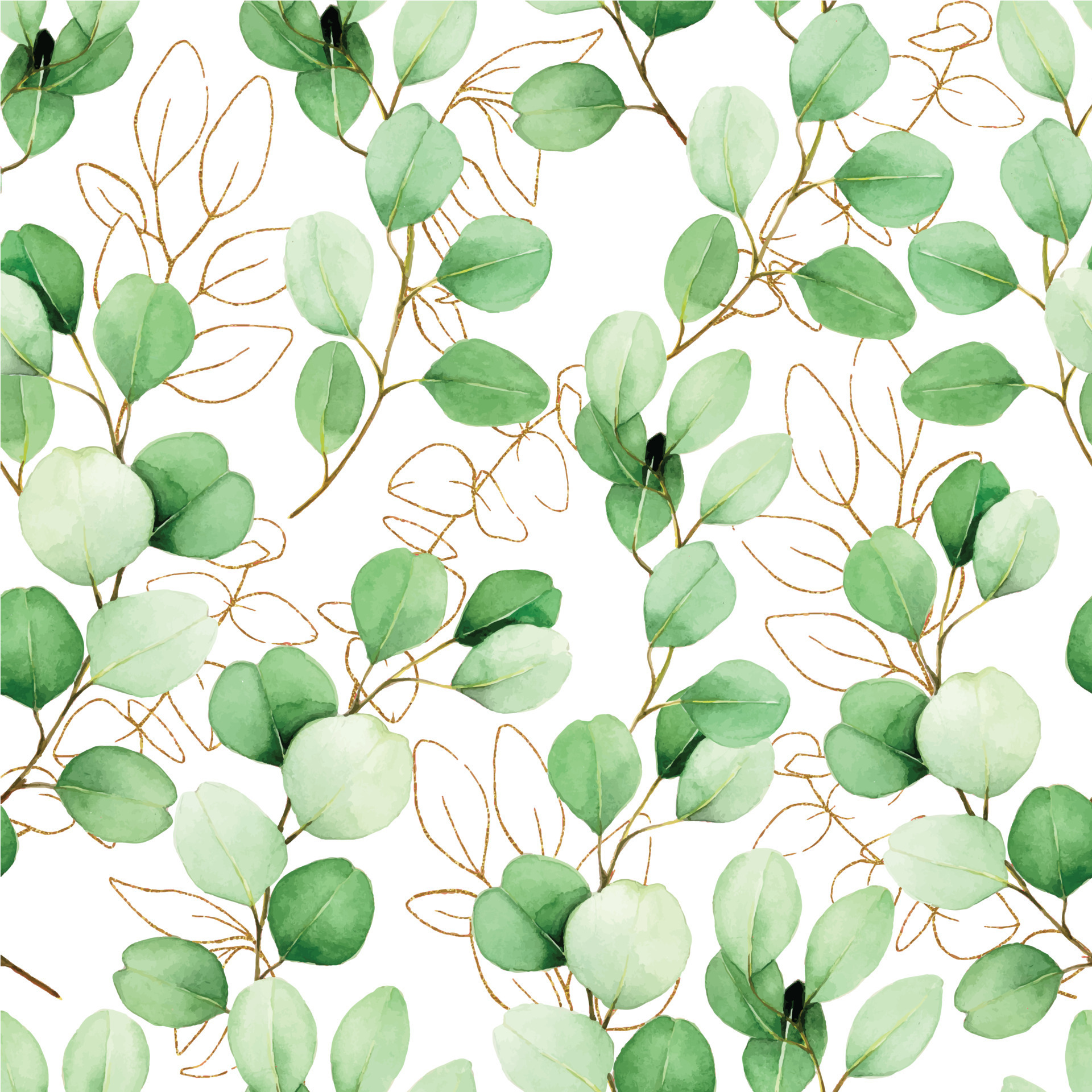 seamless watercolor pattern with eucalyptus leaves and golden elements