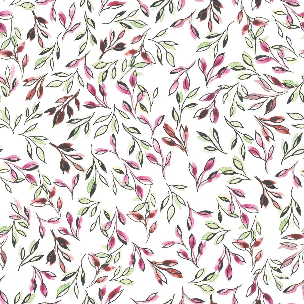 stock illustration. Watercolor colored leaves seamless pattern isolated on white background. hand drawing cute background in provence style. pink and green colors, ornament, background vector