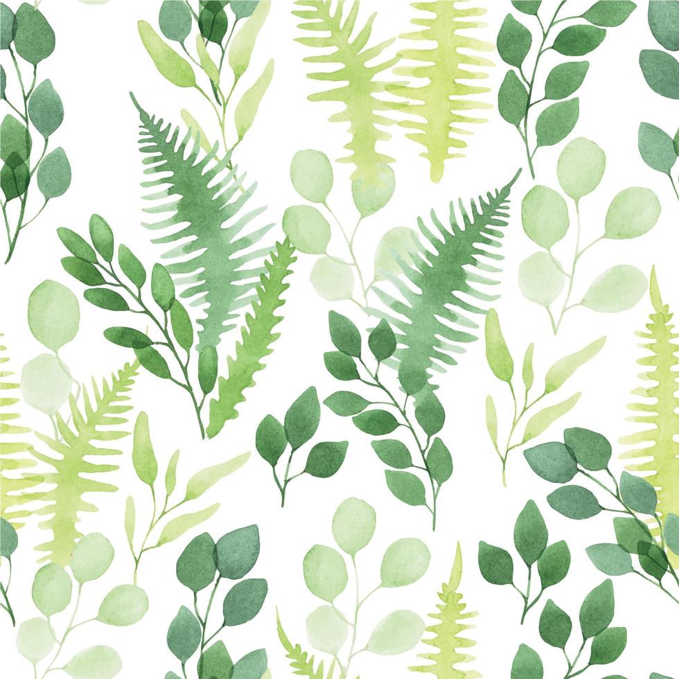 seamless watercolor pattern. cute simple eucalyptus and fern leaves. abstract print with transparent green leaves isolated on white background vector