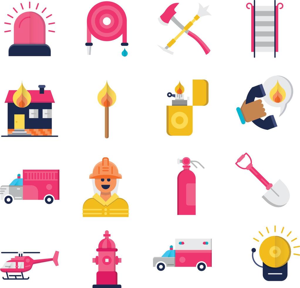 Set of Vector Icons Related to Firefighter and Fire department.