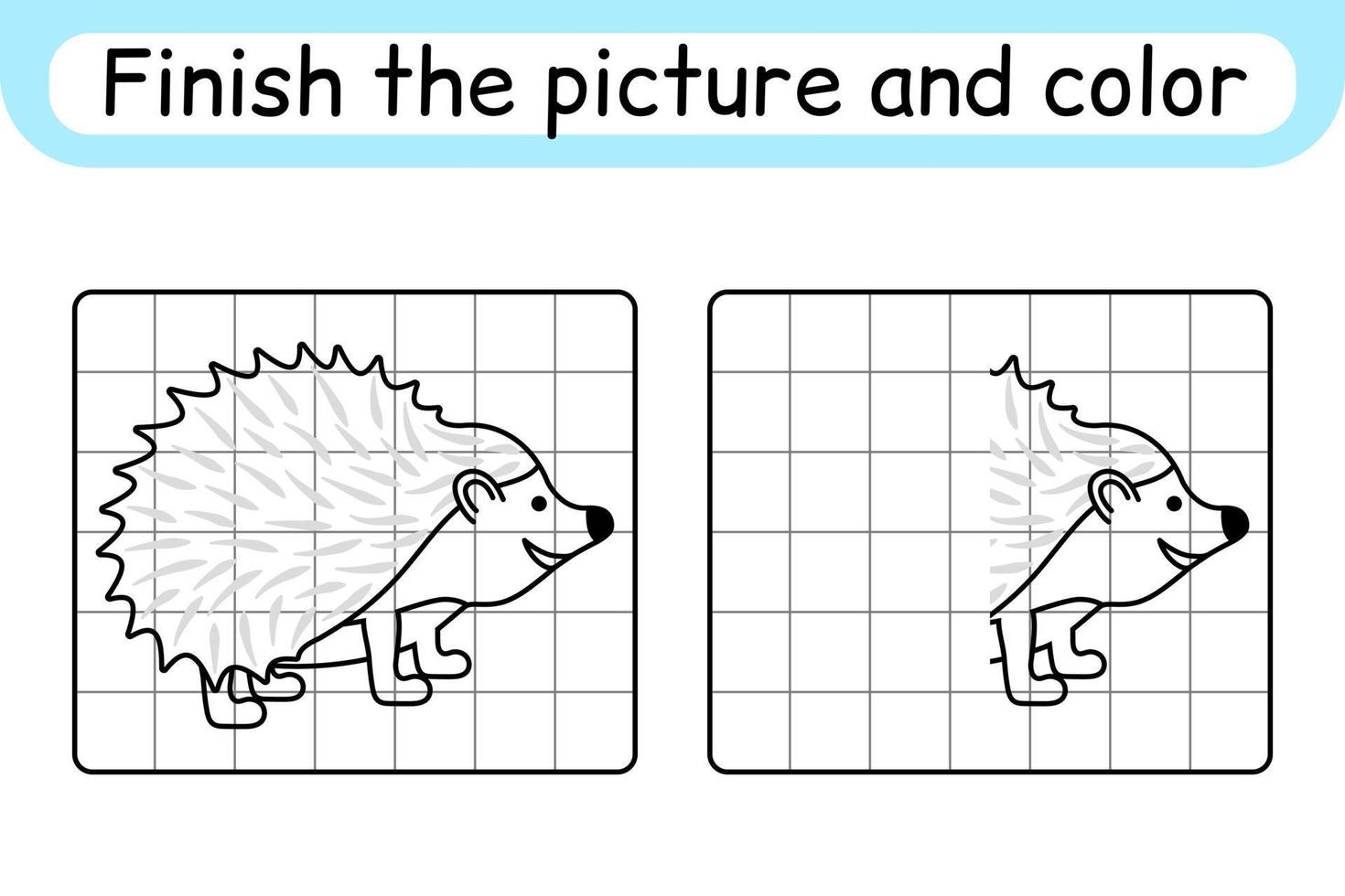 Complete the picture hedgehog. Copy the picture and color. Finish the image. Coloring book. Educational drawing exercise game for children vector
