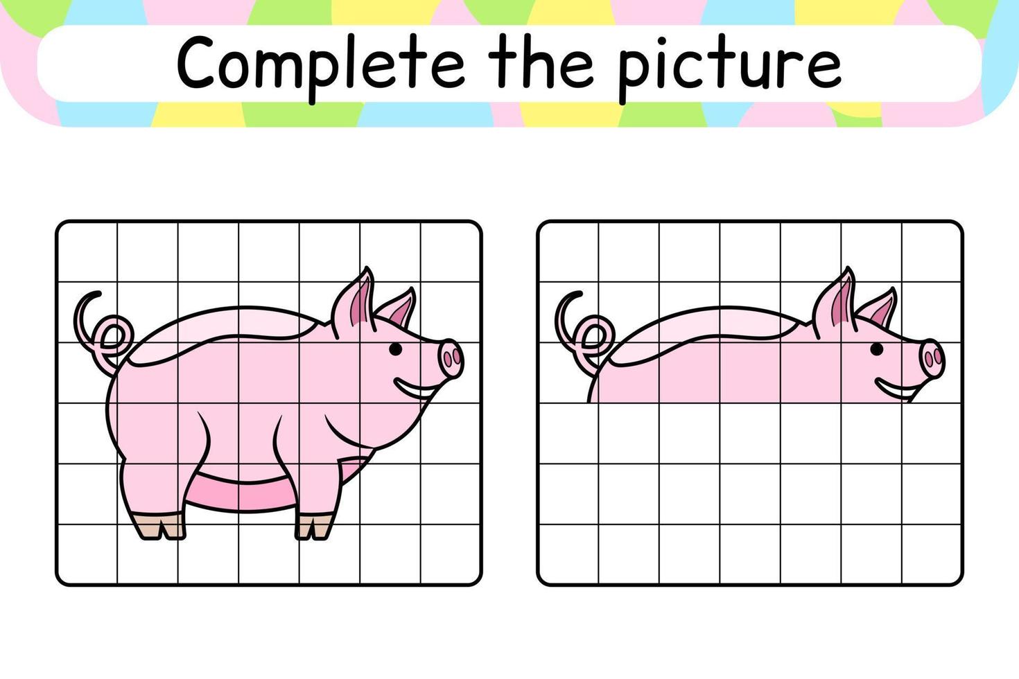 Complete the picture pig. Copy the picture and color. Finish the image. Coloring book. Educational drawing exercise game for children vector