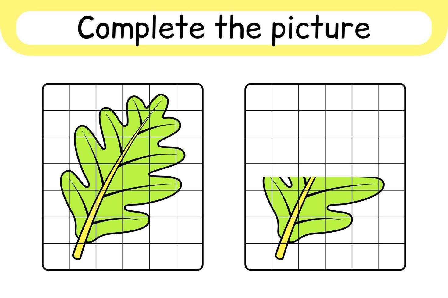 Complete the picture leaf oak. Copy the picture and color. Finish the image. Coloring book. Educational drawing exercise game for children vector
