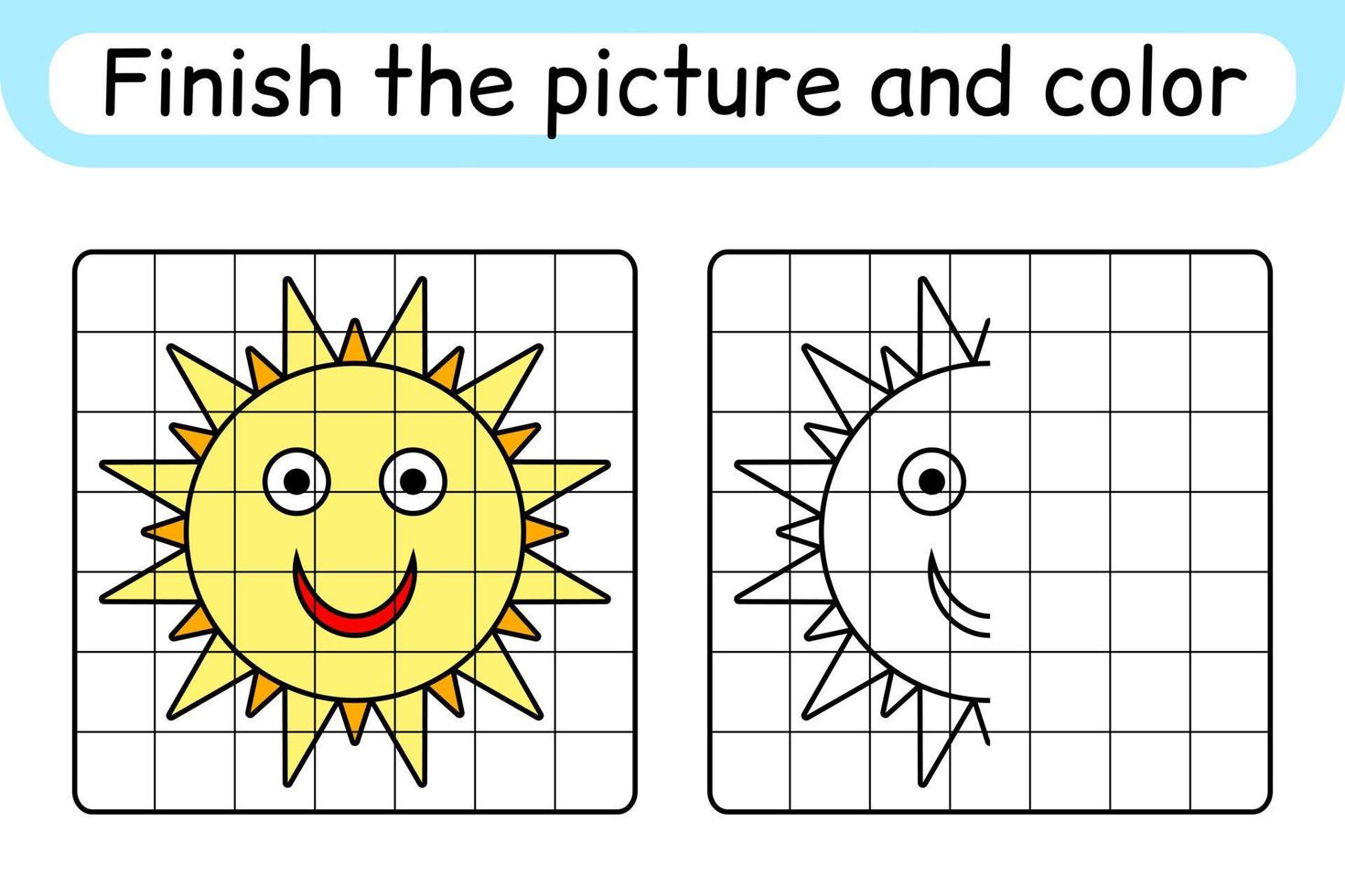 Complete the picture sun. Copy the picture and color. Finish the image. Coloring book. Educational drawing exercise game for children vector