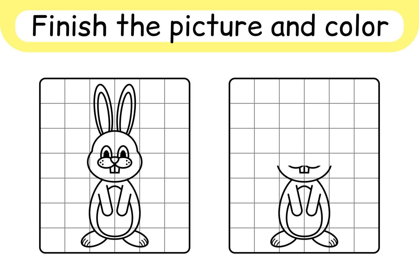 Complete the picture rabbit. Copy the picture and color. Finish the image. Coloring book. Educational drawing exercise game for children vector