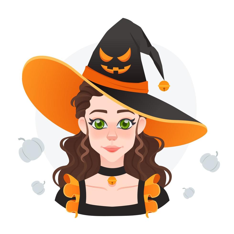 Halloween magician girl in big hat with angry face. Fairy tale girl. Pretty funny witch avatar for game and advertising vector