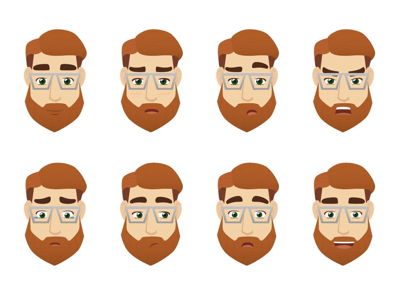 juego de pegatinas de emociones de programador de hombre joven. retrato de trabajador científico. hombres con gafas y barba. vector