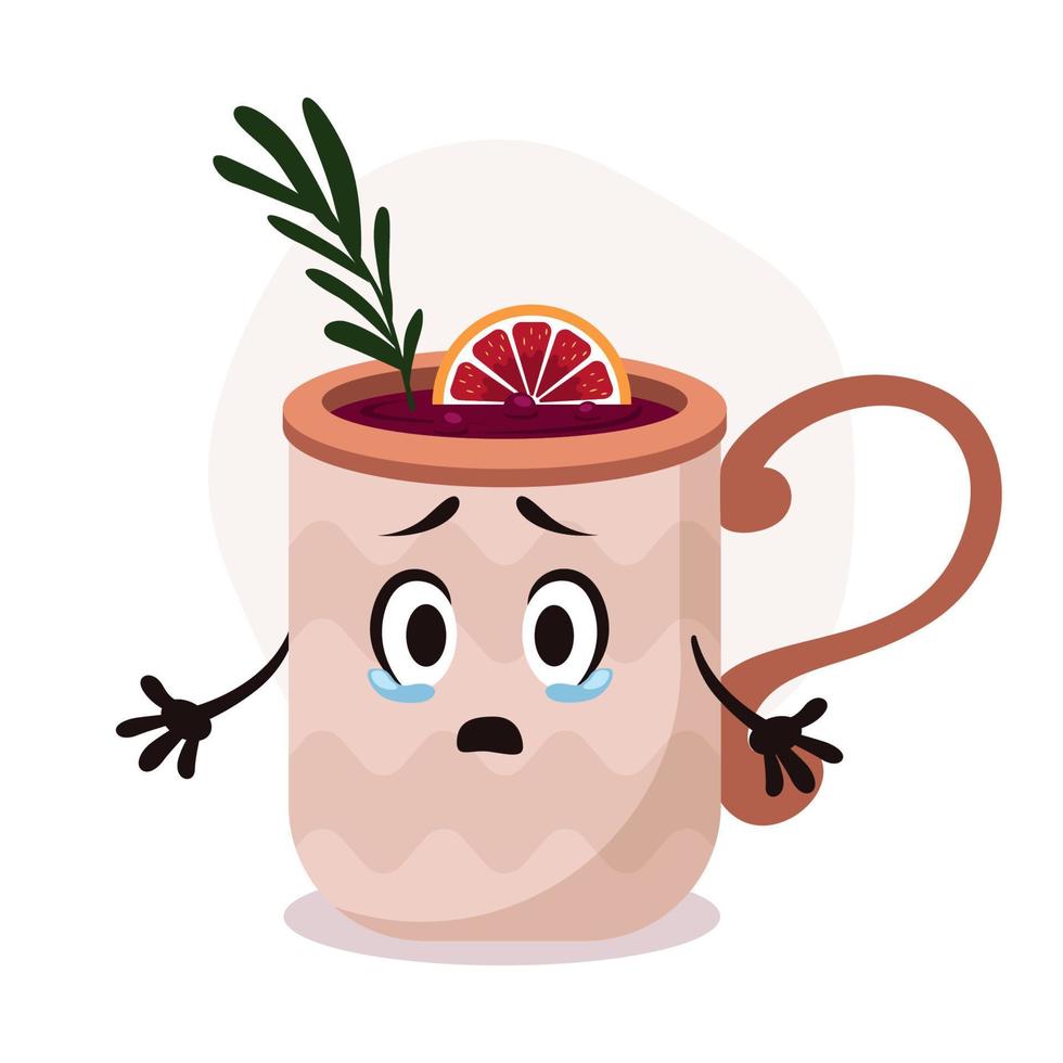 Big brown cup with hot drink. Mulled wine with rosemary and orange. Funny cartoon mug character with sad face and hands vector