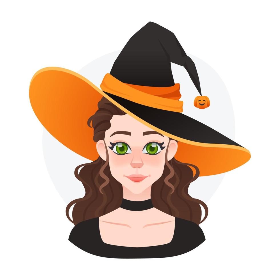 Pretty funny witch avatar for game or advertising. Halloween magician girl with big hat and pumpkin. Fairy tale girl vector