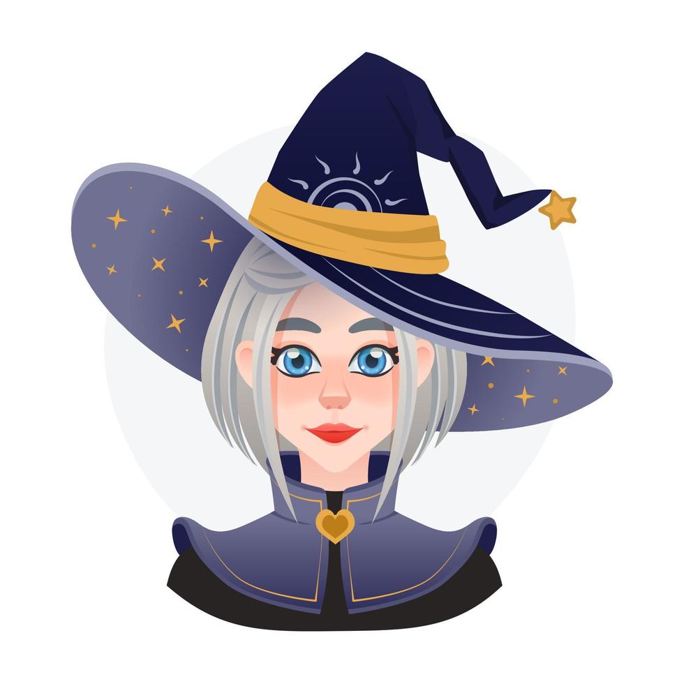 bonito avatar de bruja stargazer para juegos o publicidad. chica maga de halloween con gran sombrero con espacio. vestido antiguo vector