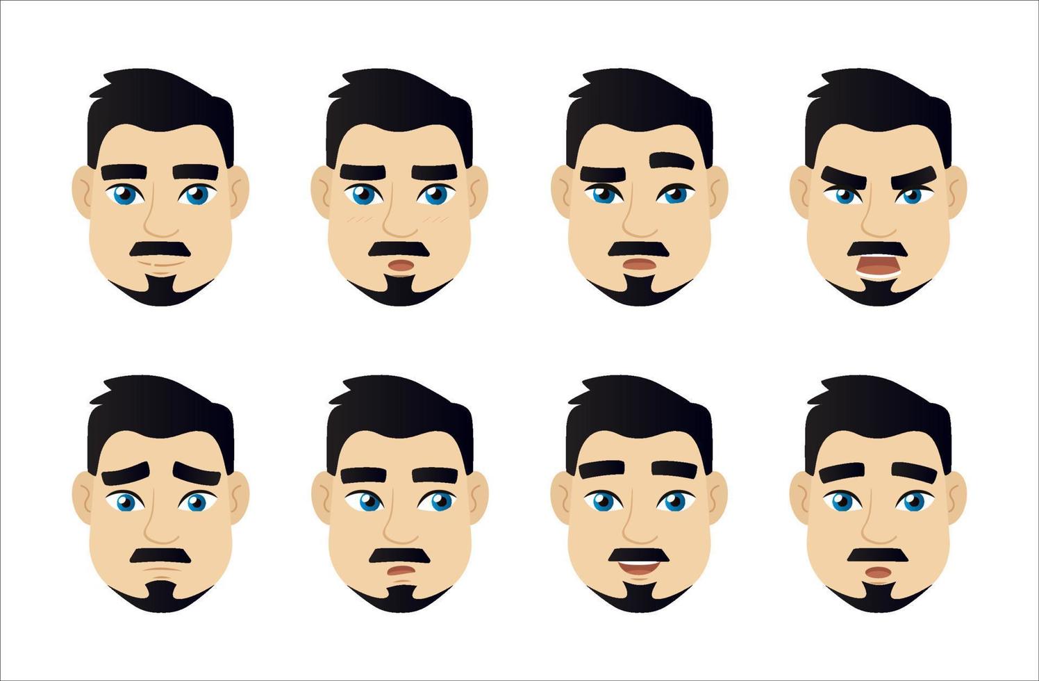 Adult Young handsome man emotions set. Blue eyed brunette men with with a mustache and beard vector