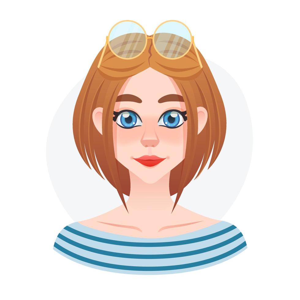 Cartoon young pretty sailor girl avatar. Beaulifull doll with sunglasses on top head. Lady style short hair vector