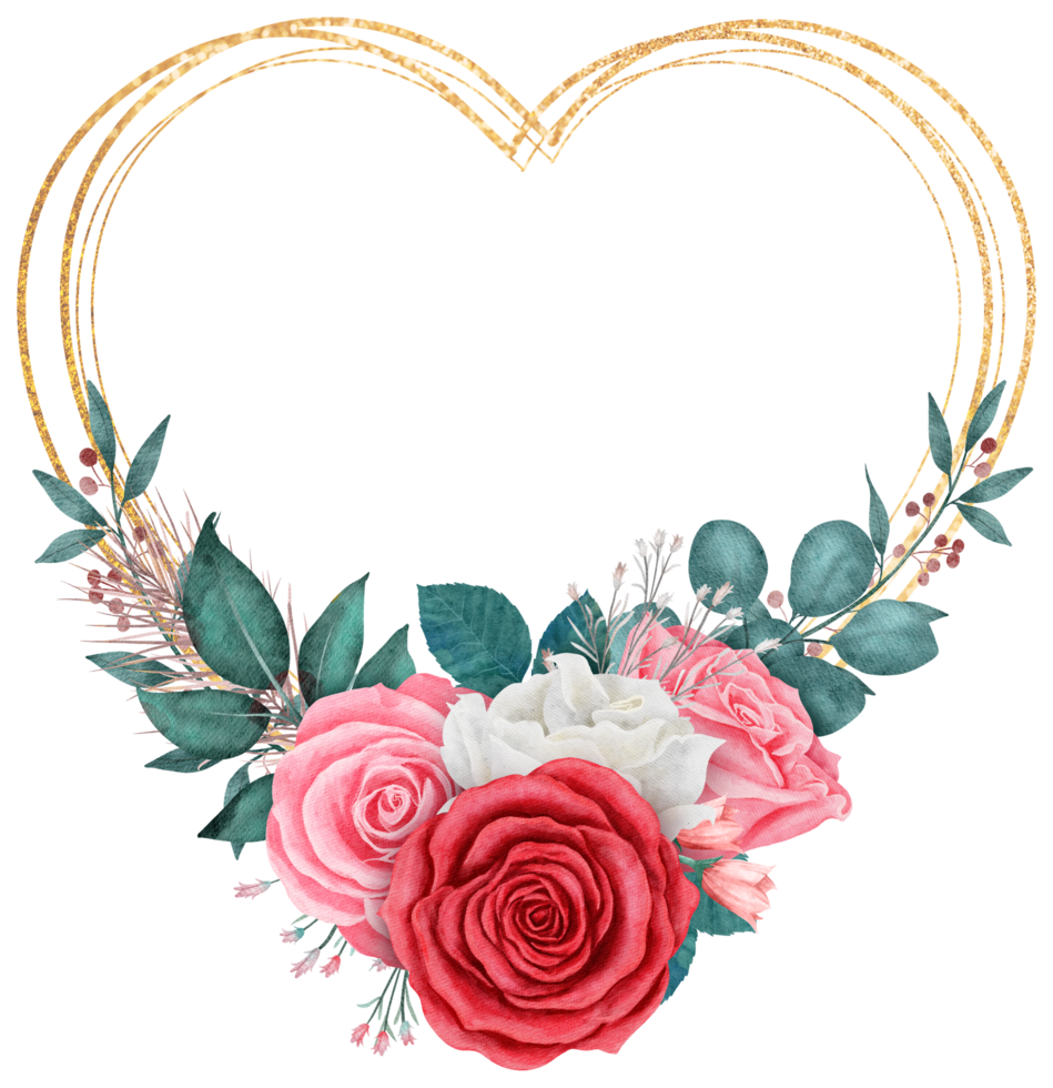 bouquet de fleurs roses avec aquarelle de cadre coeur paillettes d'or pour la saint valentin png