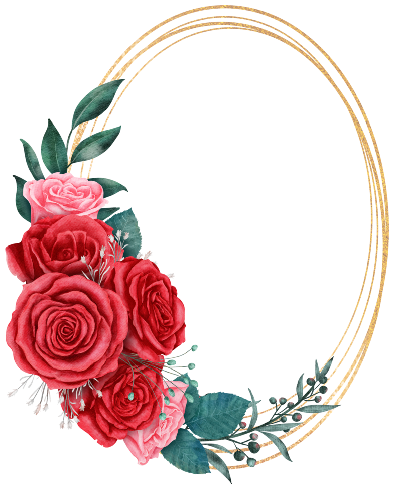 Rose flower bouquet with gold glitter circle frame watercolor for valentine png