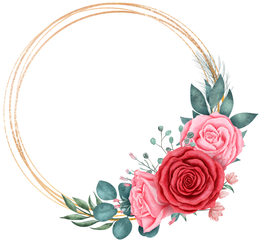 Rose flower bouquet with gold glitter circle frame watercolor for valentine PNG