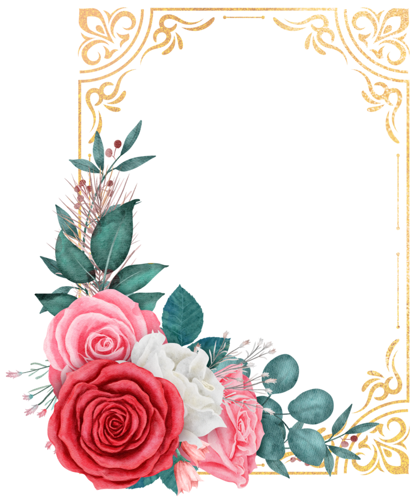 Rose flower bouquet with gold glitter rectangle frame watercolor for valentine png