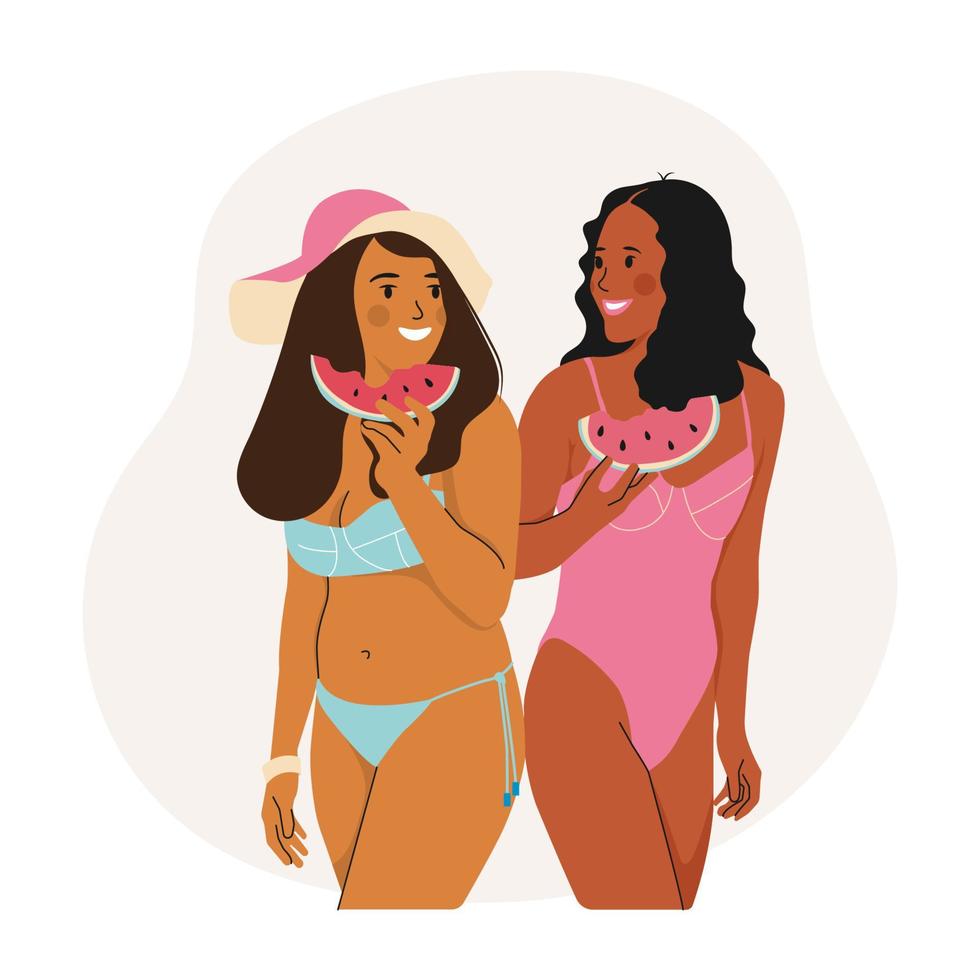 Girls relaxing at the Beach. Healthy diet food and friendship concept. Women on Summer recreation activities eat Watermelon. Flat Vector illustration.