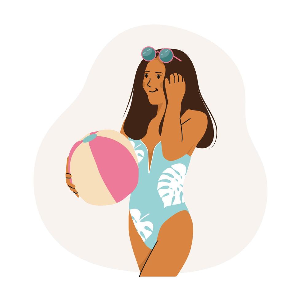 chica bronceada en traje de baño. la mujer sostiene una pelota inflable en la mano. ilustración de vector de verano en estilo plano.