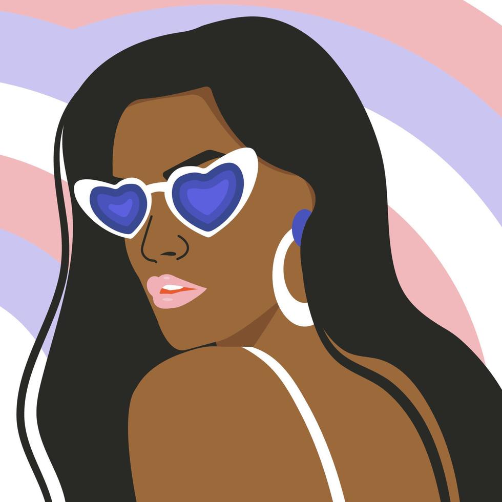 Portrait of Groovy Girl on geometric background. Female Retro character. Glamorous vector illustration Y2k.