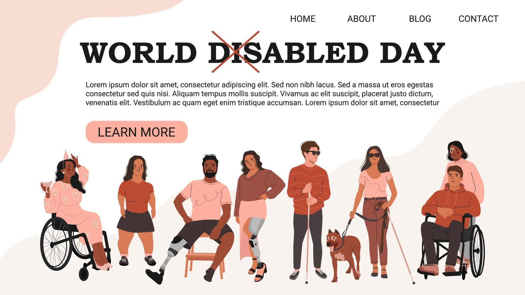 página de destino del día mundial de los discapacitados o concepto de banner web. personas con discapacidad, diversidad e inclusión. ilustración de vector plano en estilo de dibujos animados.