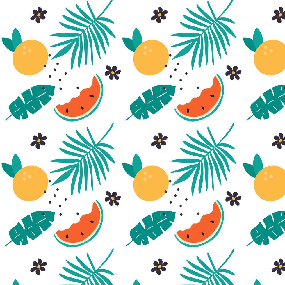 Colorful Tropical fruits Seamless Pattern. Fruits and palm leaves. Bright fruits mix design for fabric and decor. Vector illustration.