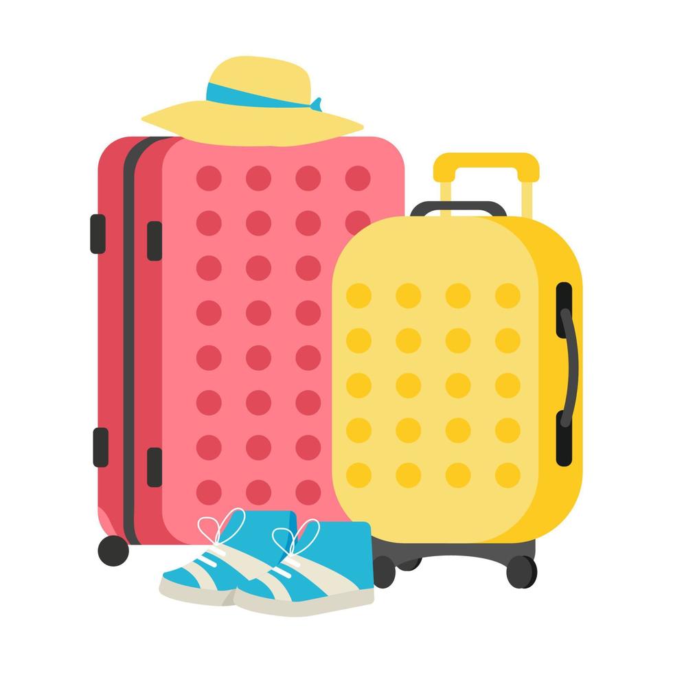Suitcase with things for Travel or vacation. Hat and shoes. Vector flat design illustration.
