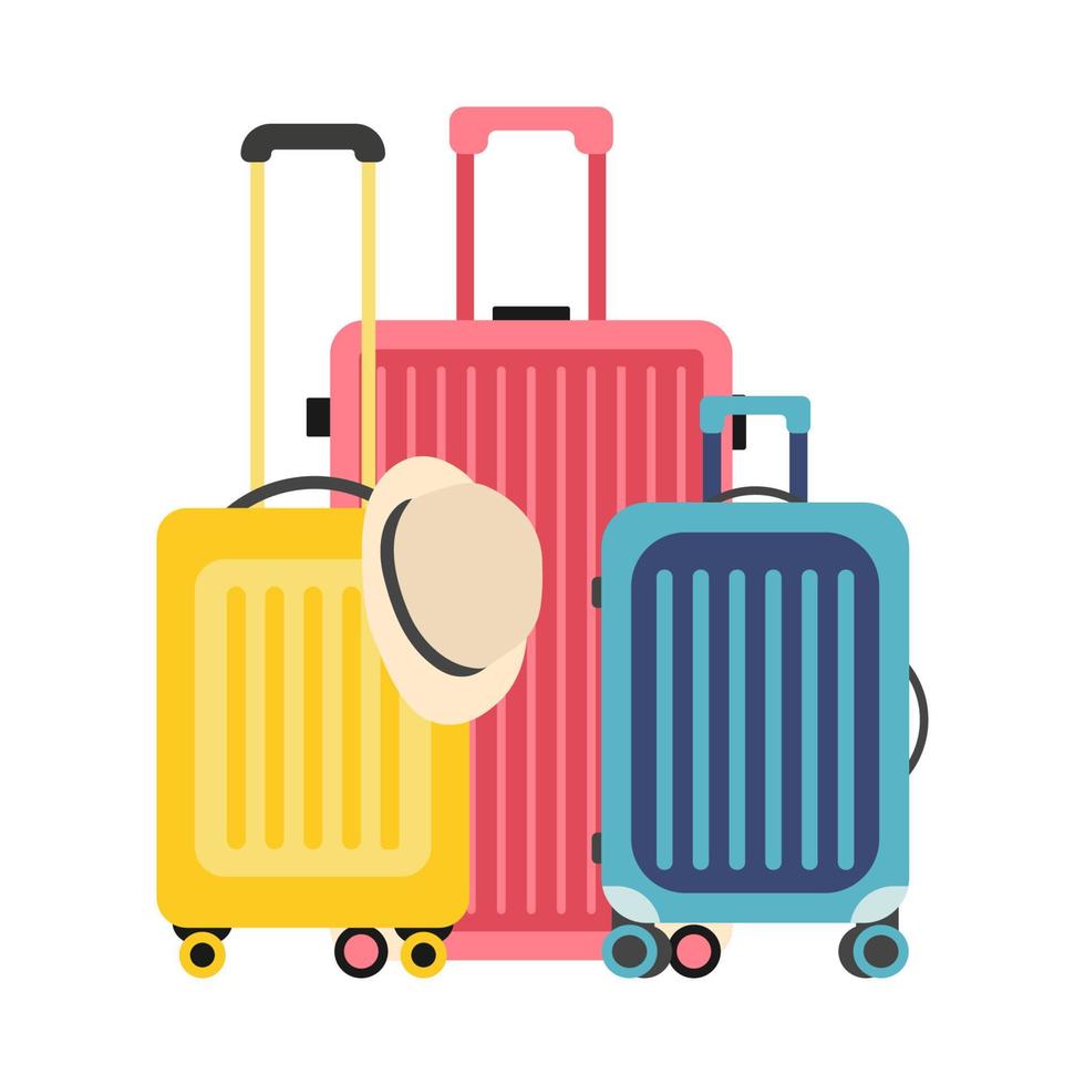 juego de tres maletas. maletas de viaje y sombrero de verano. maletas familiares. concepto de vacaciones. elementos aislados para su diseño de viaje. ilustración vectorial plana. vector