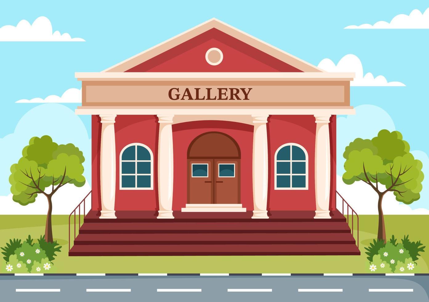 galería de arte edificio del museo ilustración de dibujos animados con exhibición, cultura, escultura y pintura para que algunas personas lo vean en un diseño de estilo plano vector