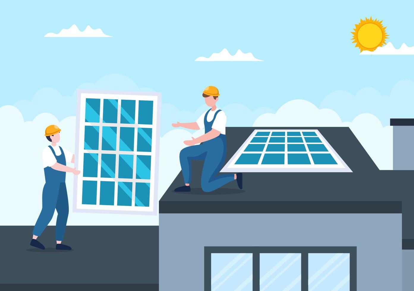 Solar Energy Installation, Panel or Wind Turbine Maintenance with Home Service Team For Electricity Network Operation in Cartoon Illustration vector