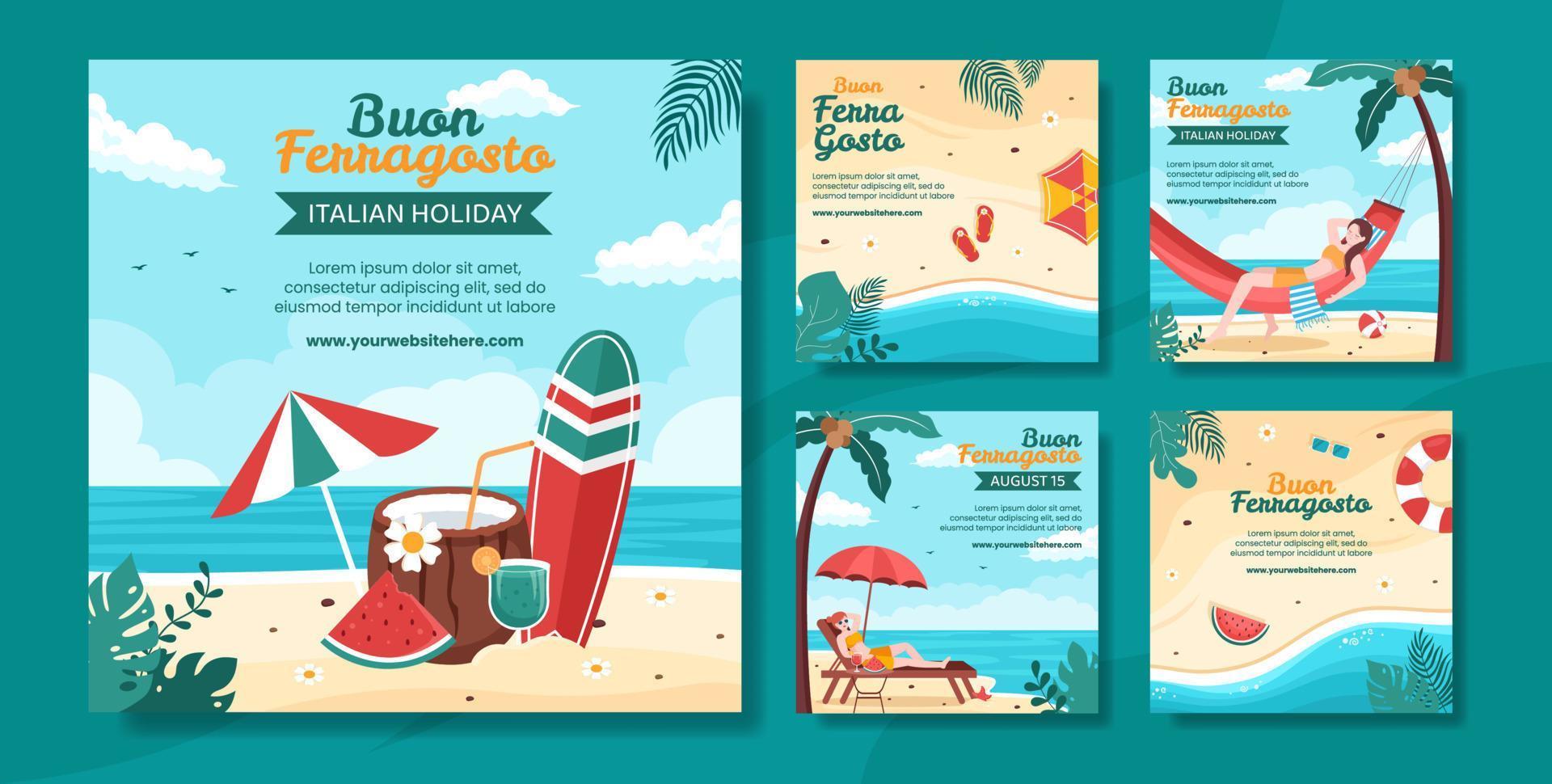 Buon Ferragosto Social Media Post Template Flat Cartoon Background Vector Illustration