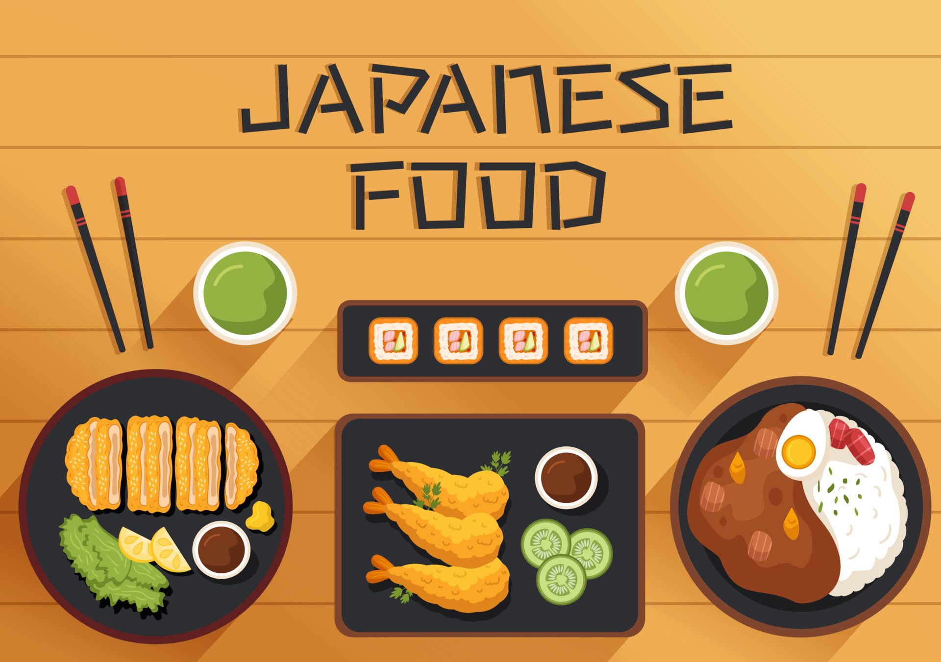 Japanese Food Cartoon Illustration with Various Delicious Dishes in the  Restaurant such as Sushi on a Plate, Sashimi Roll and Other in Flat Style  9668289 Vector Art at Vecteezy