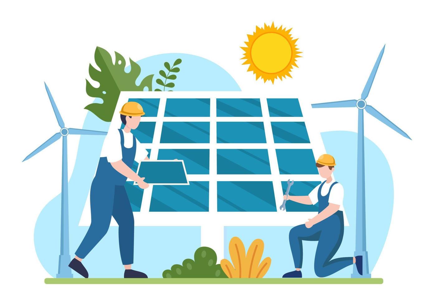 instalación de energía solar, mantenimiento de paneles o turbinas eólicas con equipo de servicio a domicilio para el funcionamiento de la red eléctrica en la ilustración de dibujos animados vector