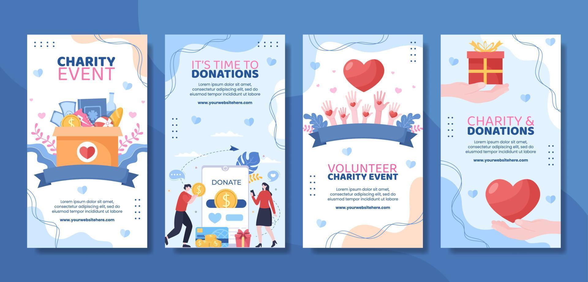 Charity Donation Social Media Stories Template Flat Cartoon Background Vector Illustration