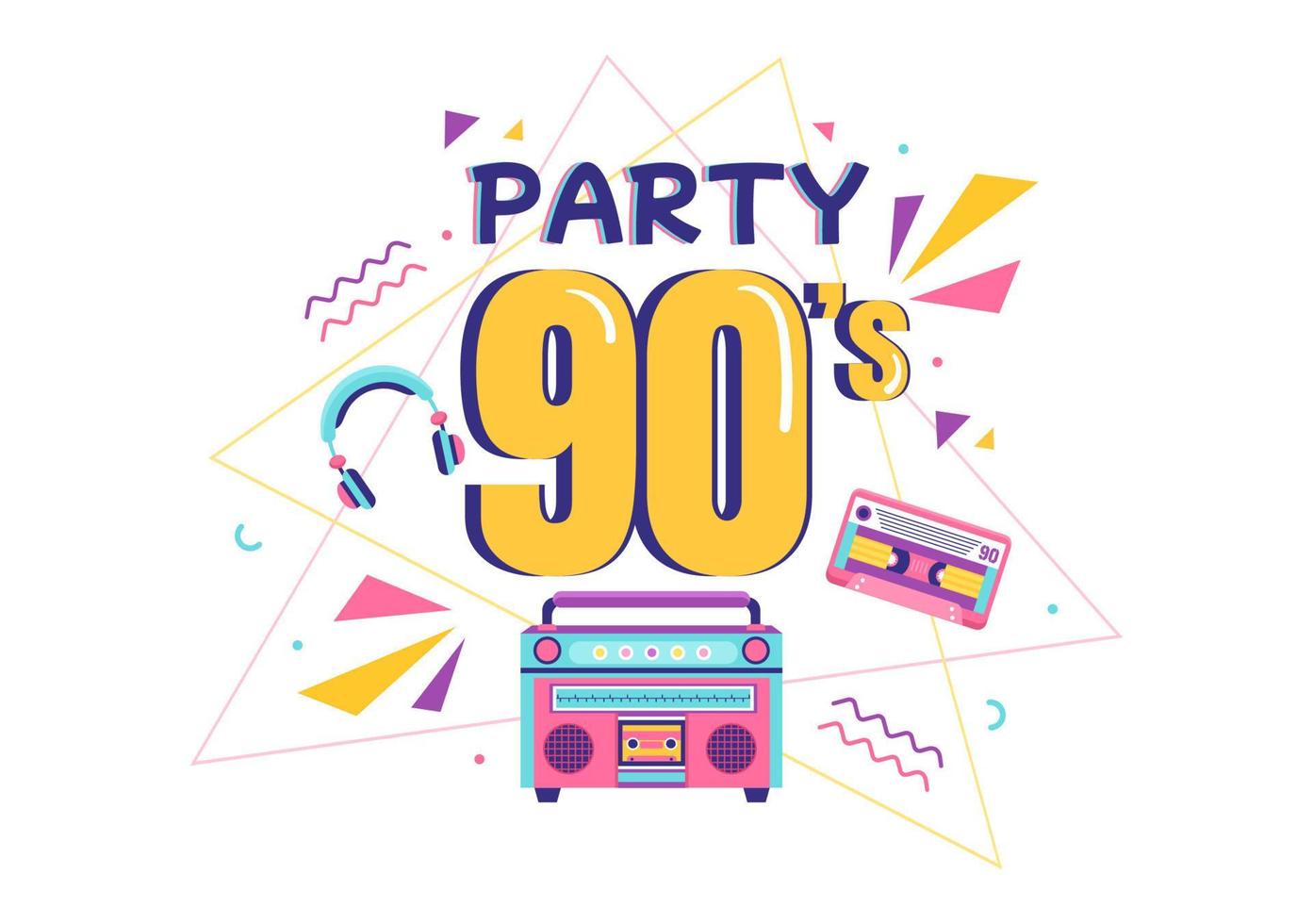 Ilustración de fondo de dibujos animados de fiesta retro de los 90 con música de los 90, zapatillas de deporte, radio, tiempo de baile y casete de cinta en un diseño moderno de estilo plano vector