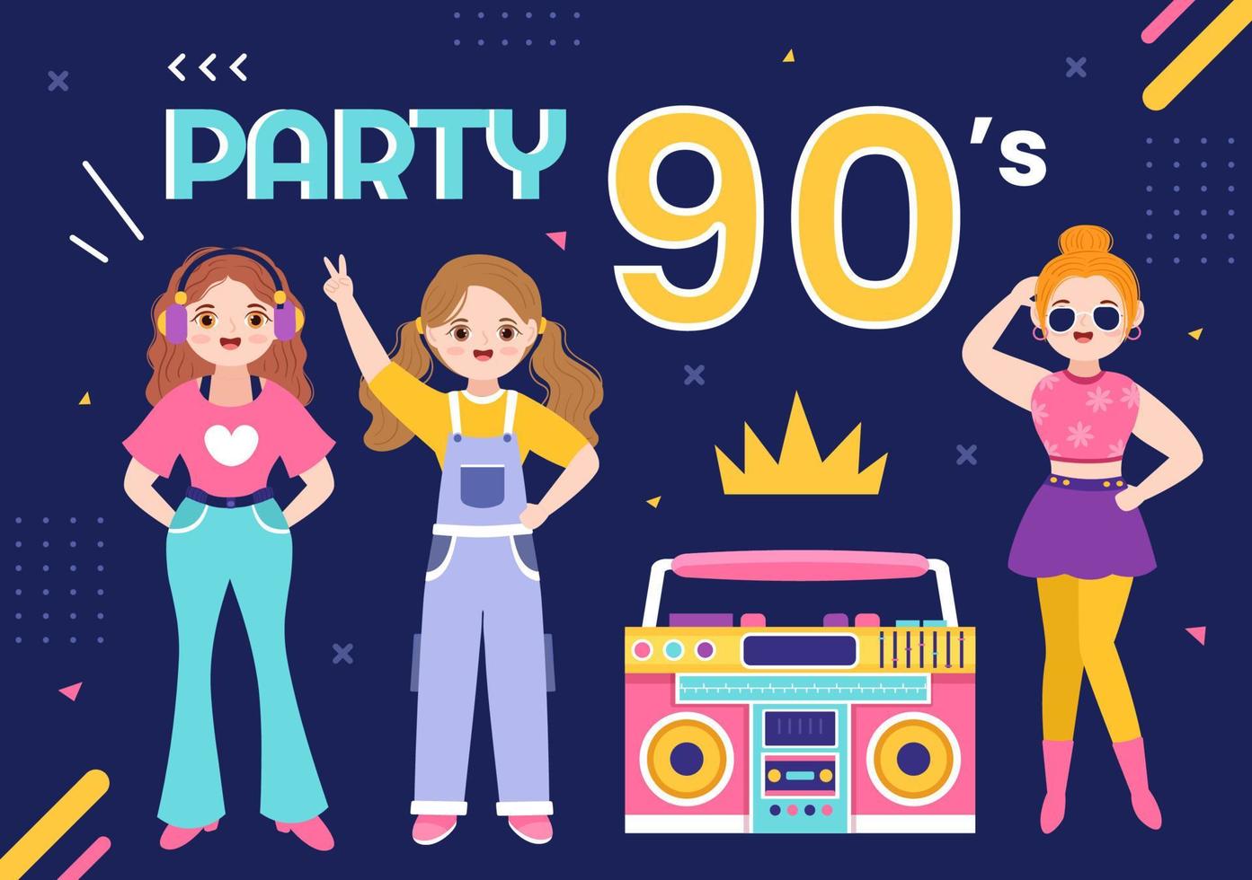 Ilustración de fondo de dibujos animados de fiesta retro de los 90 con música, zapatillas, radio y gente de baile en un diseño moderno de estilo plano vector