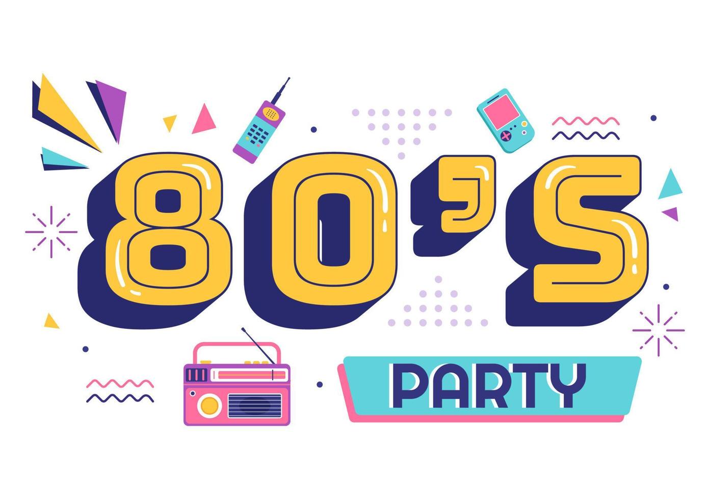 Ilustración de fondo de dibujos animados de fiesta de los años 80 con música retro, reproductor de casete de radio de 1980 y discoteca en diseño de estilo antiguo vector