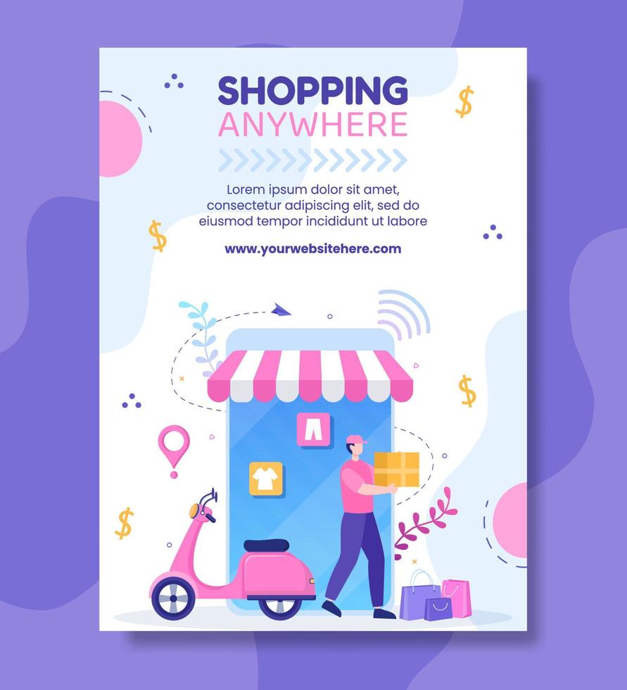 Online Shopping Poster Template Flat Cartoon Background Vector Illustration