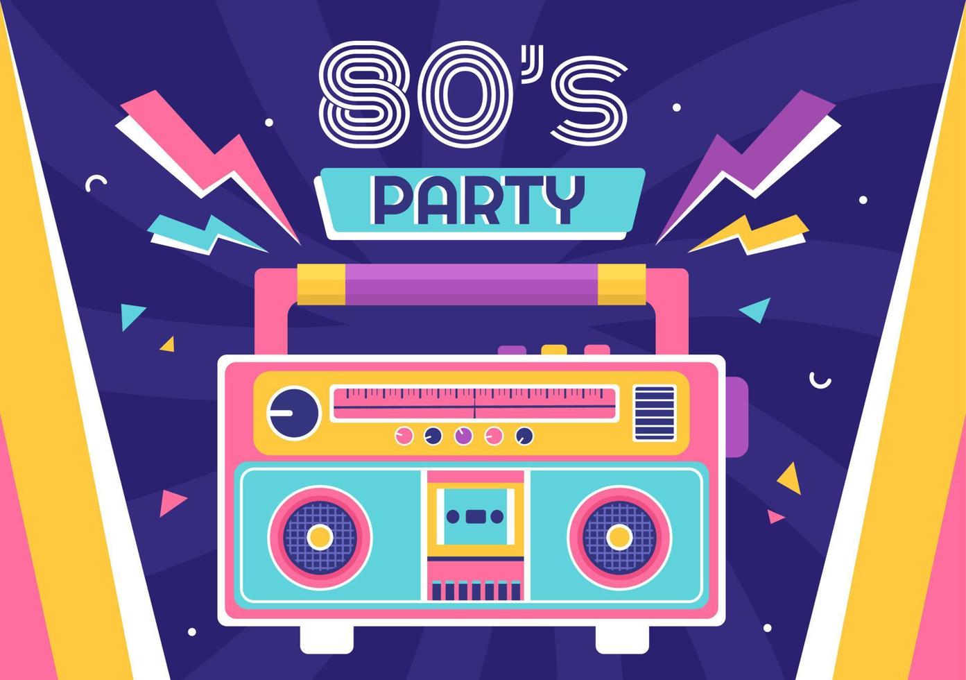 Ilustración de fondo de dibujos animados de fiesta de los años 80 con música retro, reproductor de casete de radio de 1980 y discoteca en diseño de estilo antiguo vector