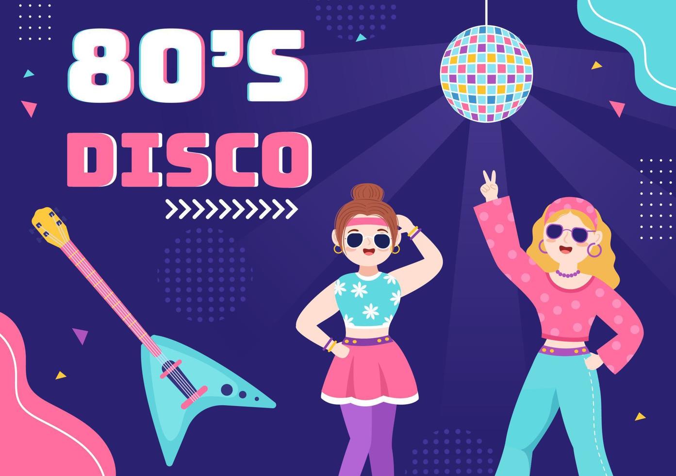 Ilustración de fondo de dibujos animados de la fiesta de los años 80 con música retro, reproductor de casetes de radio de 1980 y algunas personas bailando disco en un diseño de estilo antiguo vector