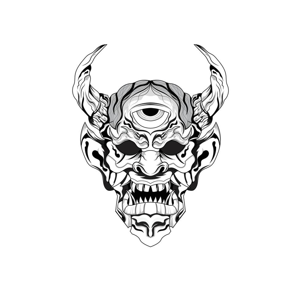 Hand drawn black and white tattoos artwork devil satan mask oni demon horn vector Illustration