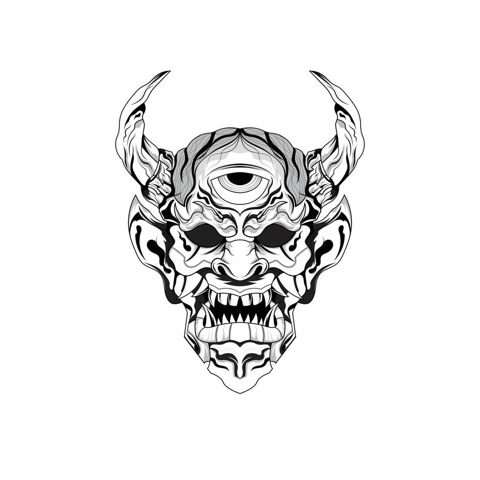 dibujado a mano tatuajes en blanco y negro ilustraciones diablo máscara de satanás oni cuerno de demonio ilustración vectorial vector