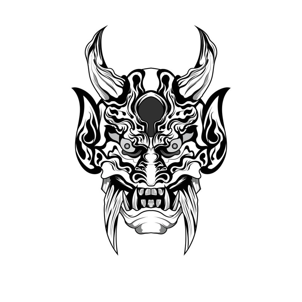 Hand drawn black and white tattoos artwork devil satan mask oni demon horn vector Illustration