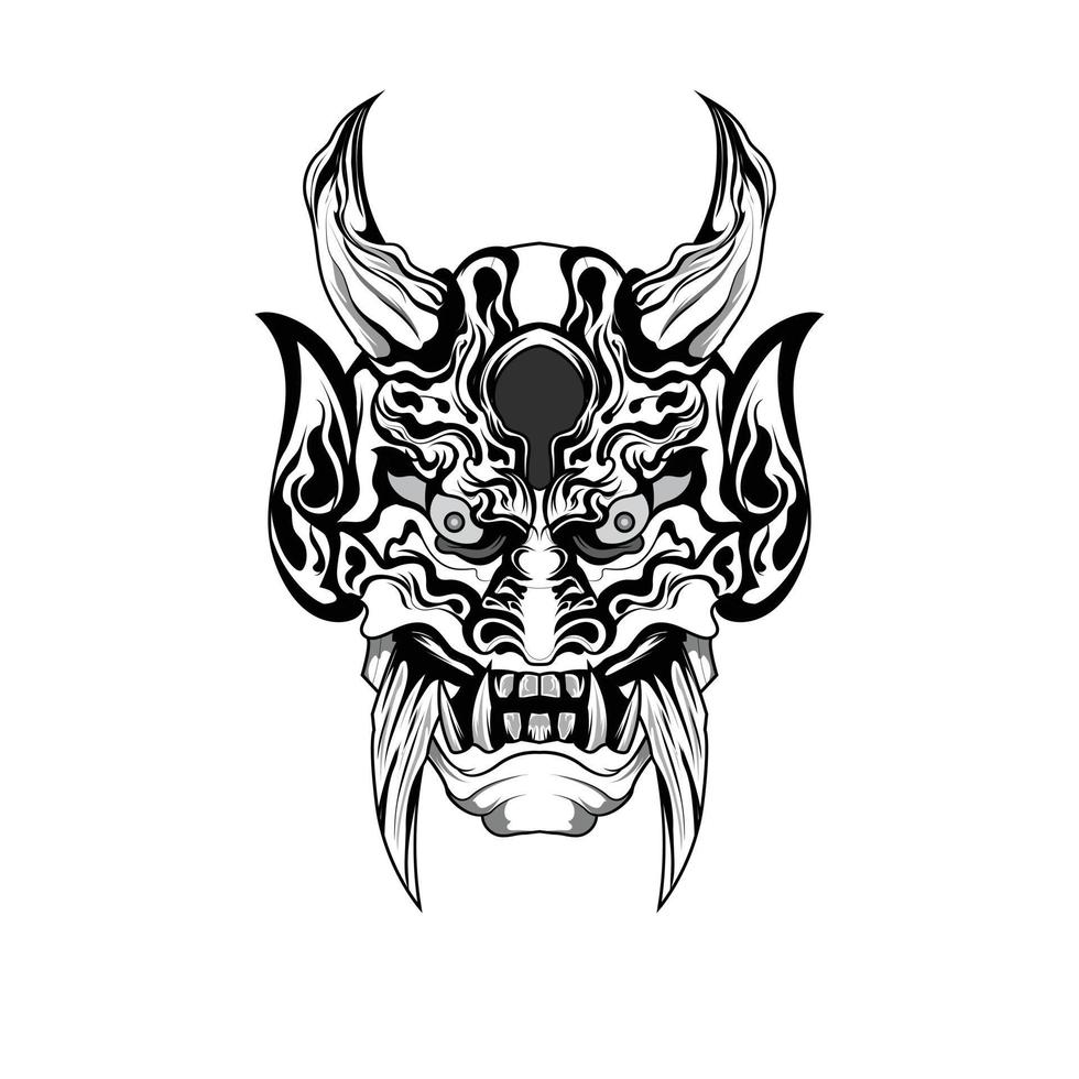 Hand drawn black and white tattoos artwork devil satan mask oni demon horn vector Illustration