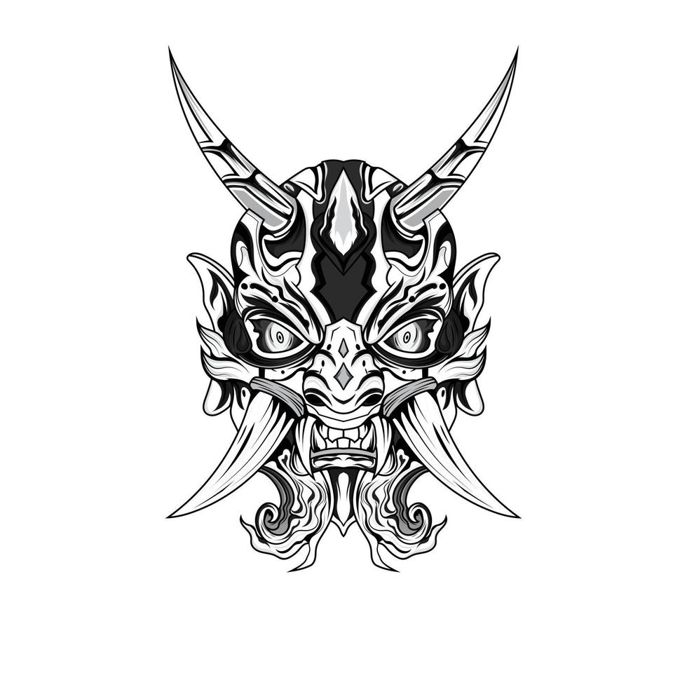 Hand drawn black and white tattoos artwork devil satan mask oni demon horn vector Illustration