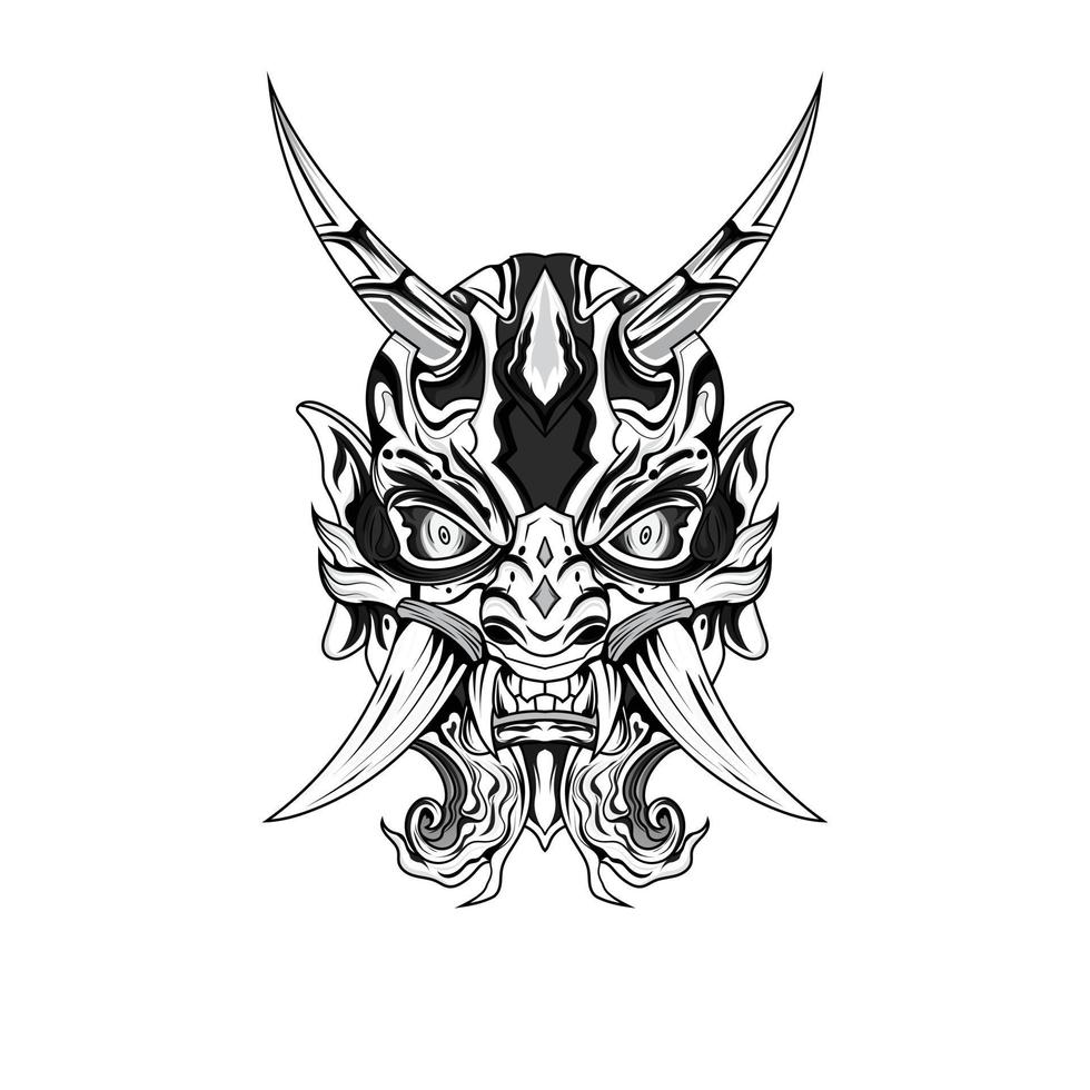 dibujado a mano tatuajes en blanco y negro ilustraciones diablo máscara de satanás oni cuerno de demonio ilustración vectorial vector