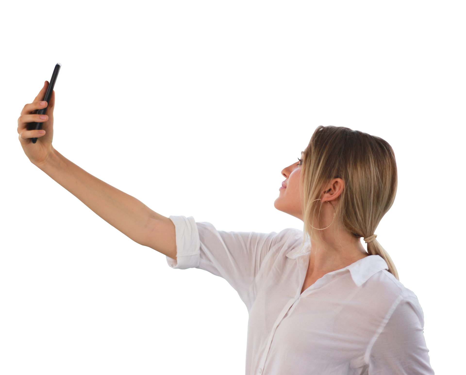 Free Portrait of a young attractive woman making selfie photo on smartphone  on transparent background 9668370 PNG with Transparent Background