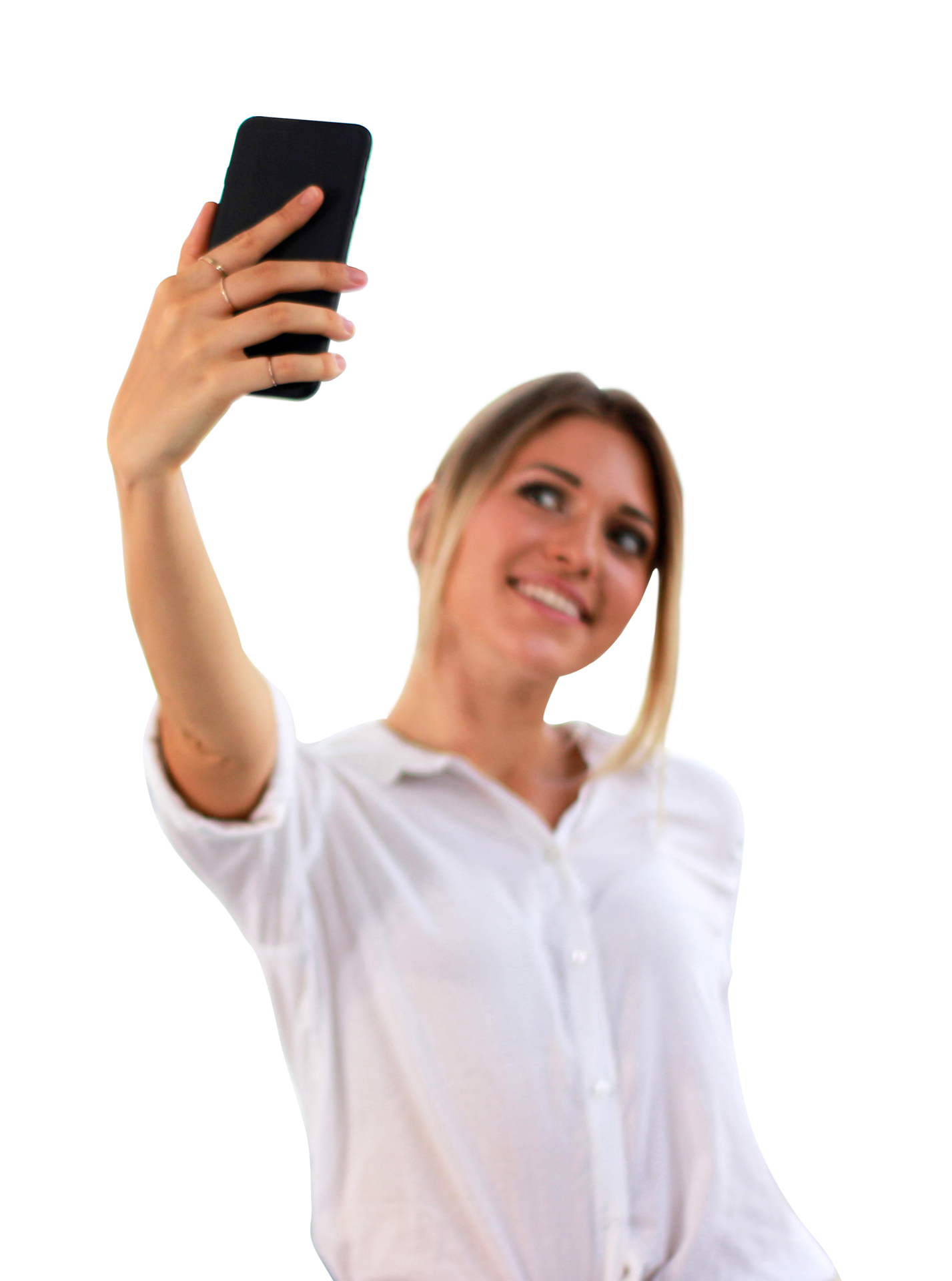 Free Portrait of a young attractive woman making selfie photo on smartphone  on transparent background 9668374 PNG with Transparent Background