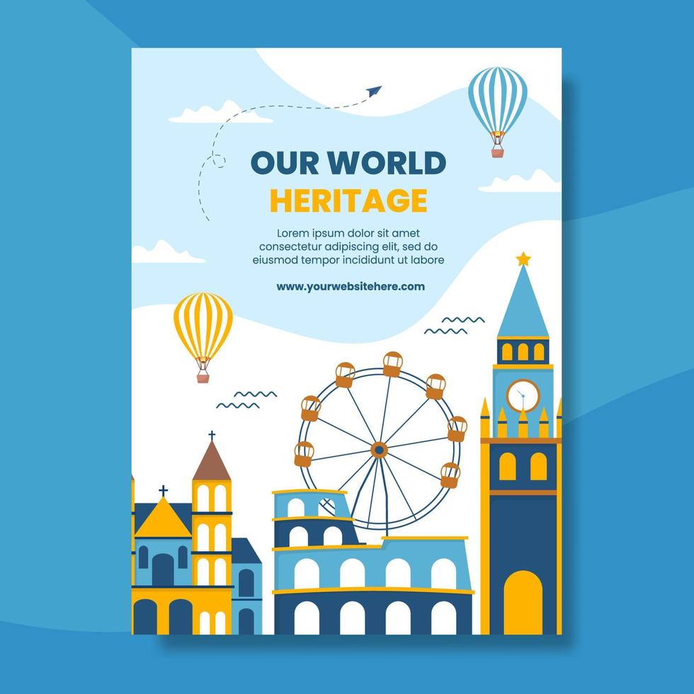 World Heritage Day Poster Template Cartoon Background Vector Illustration