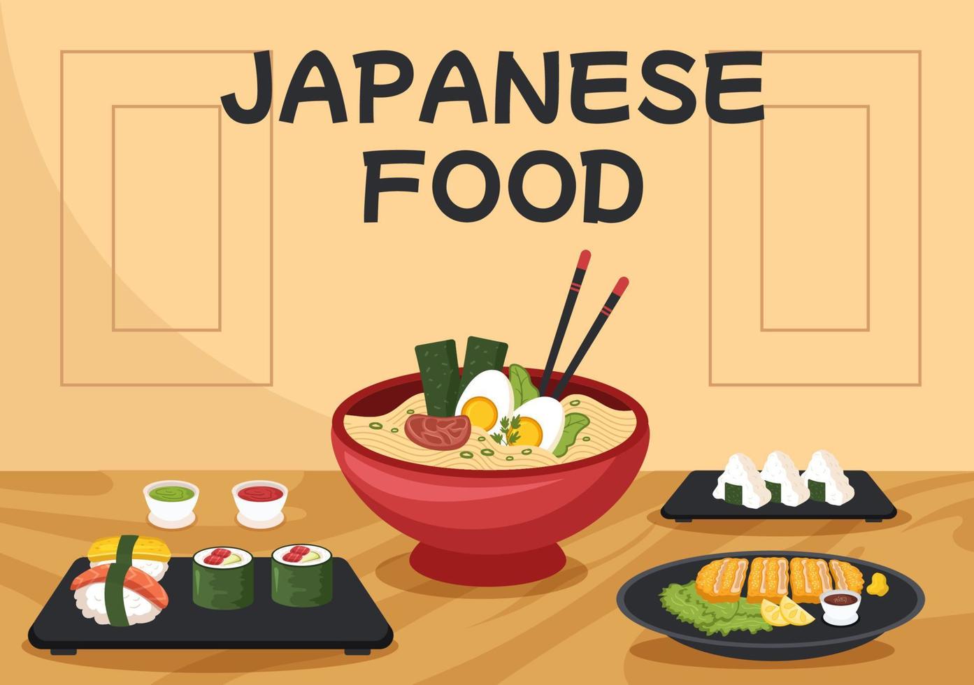 ilustración de dibujos animados de comida japonesa con varios platos deliciosos en el restaurante como sushi en un plato, rollo de sashimi y otros en estilo plano vector